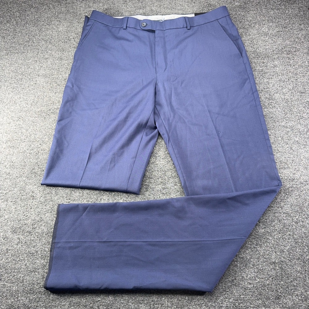 Ballin Mens Super 120s Wool Dress Pants Blue Flat Front Trousers 38 unhemmed